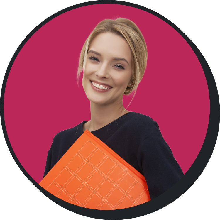 women smiling in pink with orange notebook