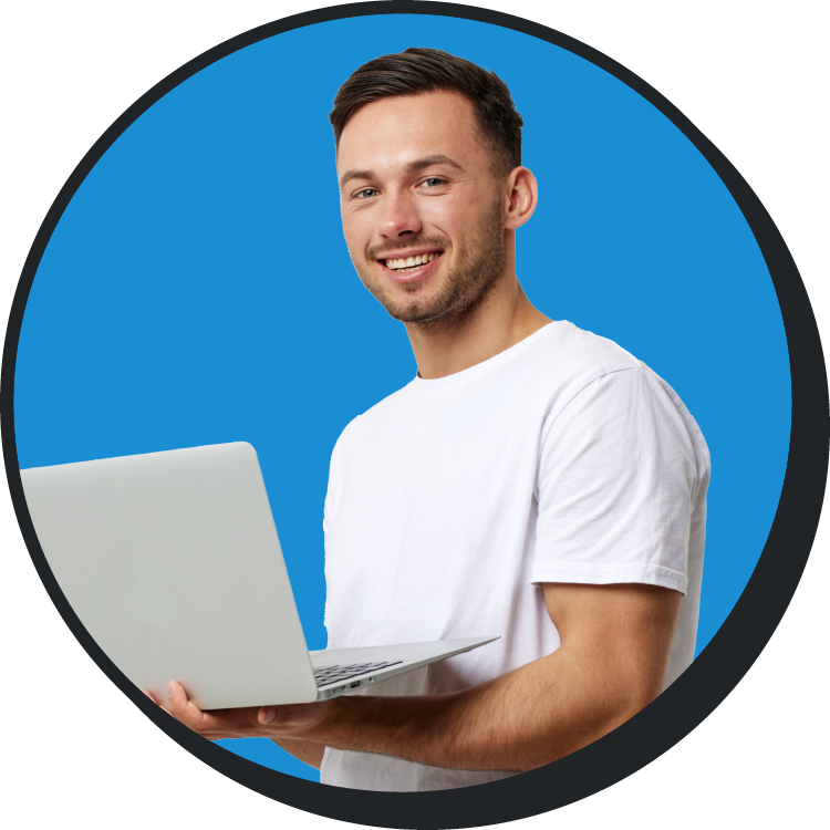 man in light blue with computer white tshirt