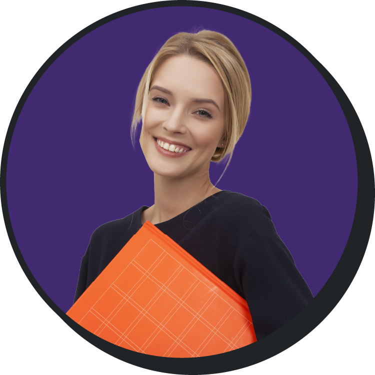 women in purple with orange notebook